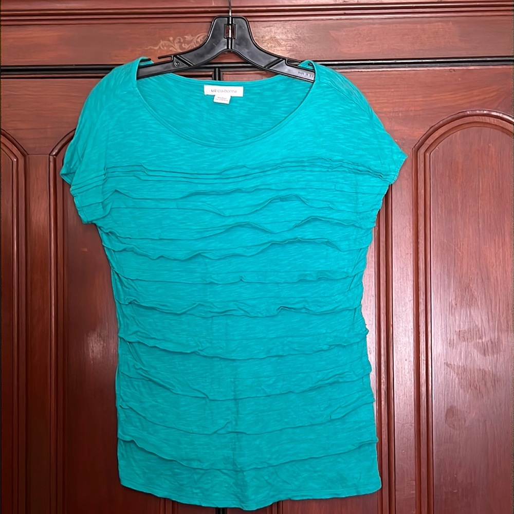 Liz Claiborne Turquoise Striped Pullover Short Sleeve Shirt Size Small